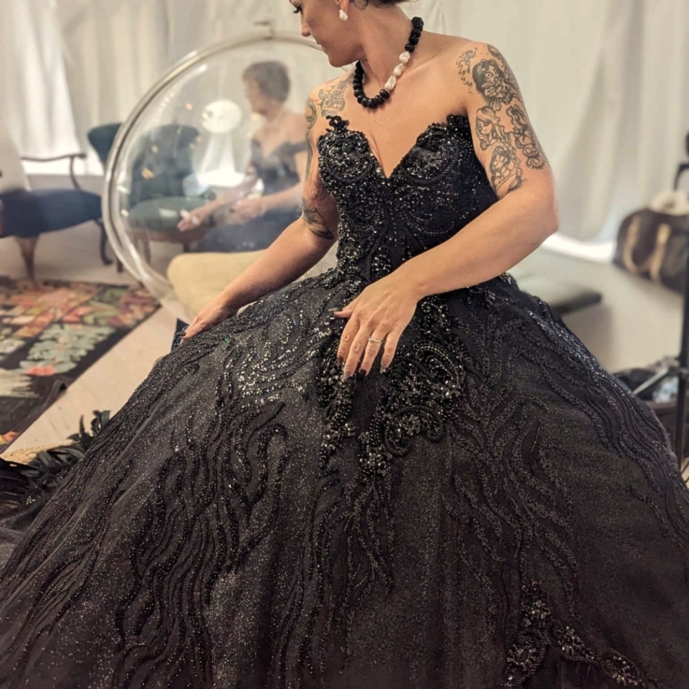 Custom Black Sparkling Ball Gown Wedding Dress with Feather Trim. Size 12